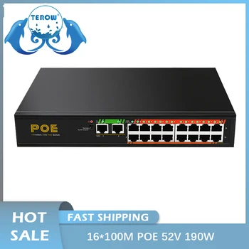 TEROW 18 Port, POE Nework Prepínač 16 Port 100M POE+2 Port 1000M Uplink 52V 190W 3.85 VLAN 250m Vzdialenosť pre POE Kamera/NVR/Router