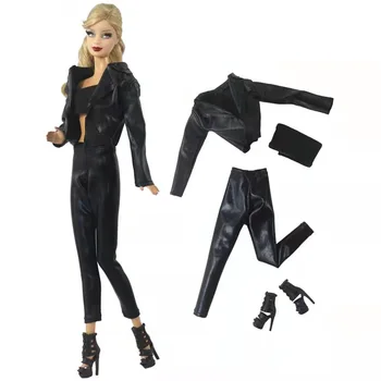 Čierne Kožené 1/6 BJD Bábiky Oblečenie Pre Barbie Doll Oblečenie Bunda, Kabát Tank Top Nohavice pre Barbie Šaty 11.5