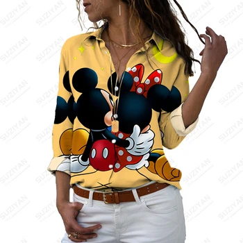 Jeseň Elegantný Dlhý Rukáv Voľné Dámske Topy Bežné Klope 2022 Disney Mickey Lásku Tlač Módy Nové Temperament Páry Tričko 2
