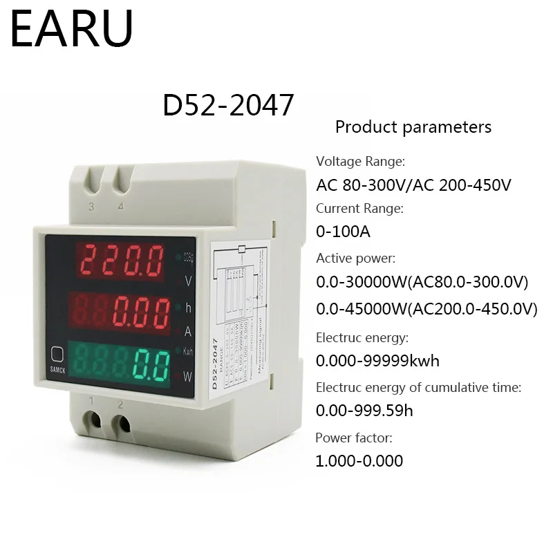 DIN-rail Multi-function Meter AC80-300V AC200-450V 100A Digitálny LED Napätie Aktívny Power Factor Energie Meter Voltmeter 2