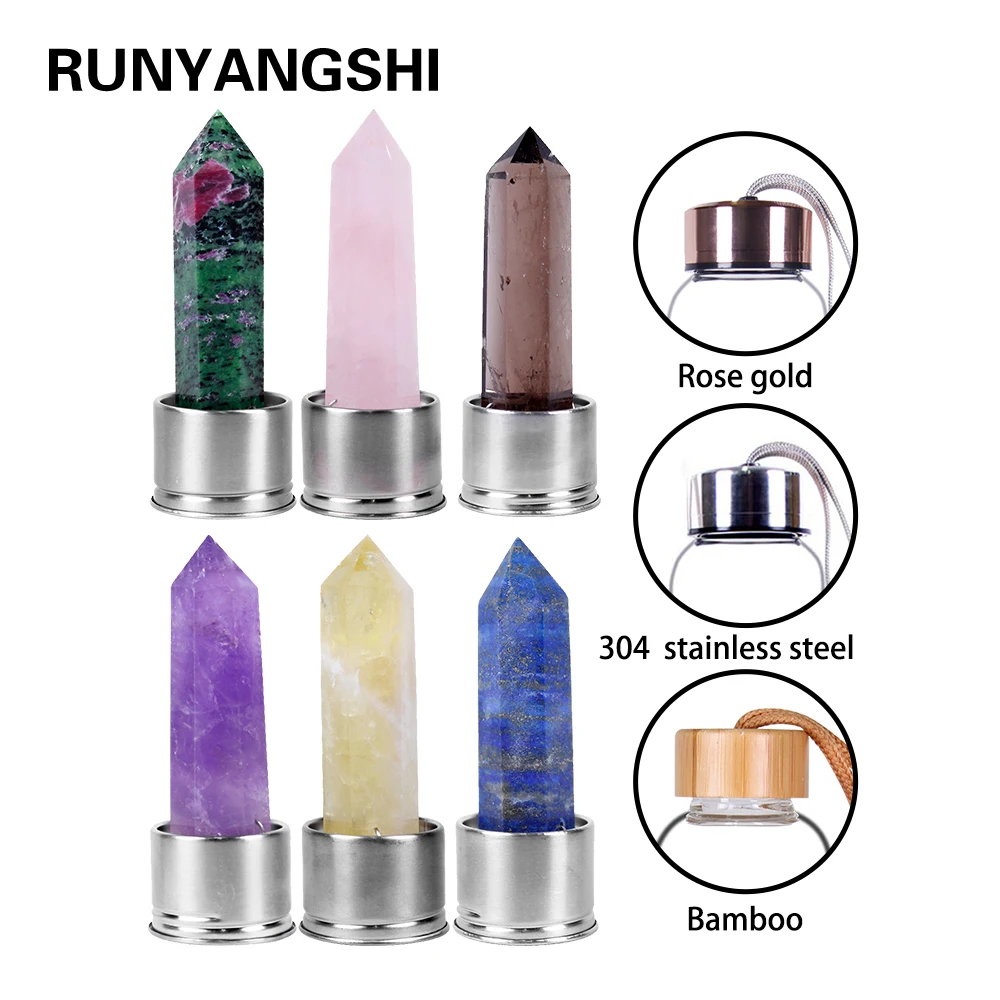 Runyangshi 1pc prírodný krištáľ bod sklenená fľaša na vodu s 304 nerezovej ocele, ružové zlato a bambusu kryt štýl pre darček