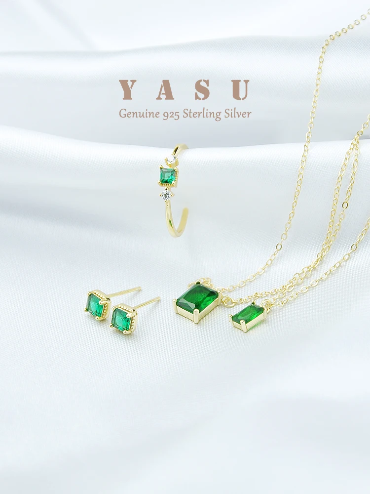 Yasu Skutočné 925 Sterling Silver Emerald Šperky Sady pre Ženy Obdĺžnik Náhrdelníky Náušnice Krúžky Náramok Príslušenstvo Šperky