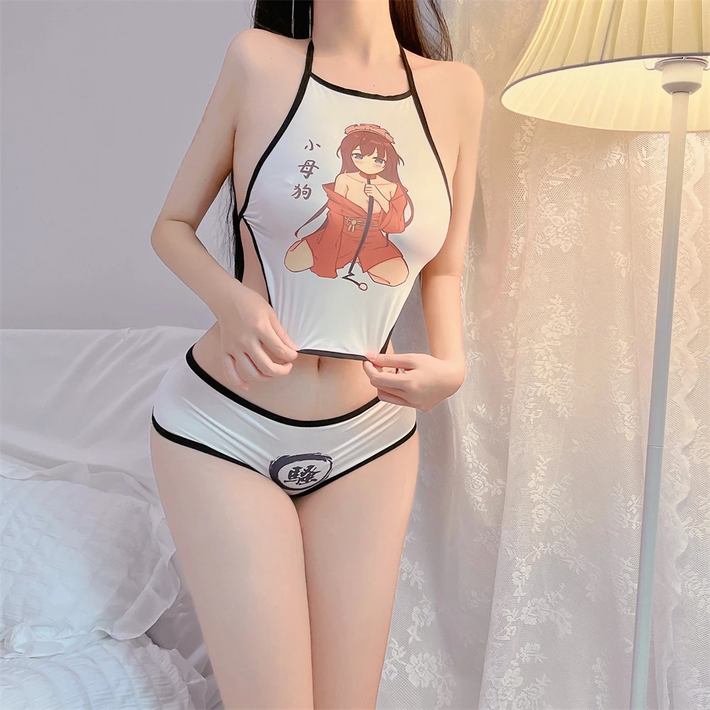 Japonský Bielizeň Kostým Pre Ženy Erotické Ohlávka Crotchless Nohavičky Nastaviť Sexy Harajuku Cartoon Pornografický Tlače Textu Bielizeň