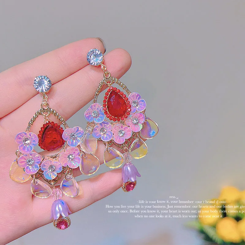 Kórejský Luxusné Kvetinové Crystal Dlhé Náušnice Kvapka Pre Ženy Móda Waterdrop Strany Pendientes Šperky