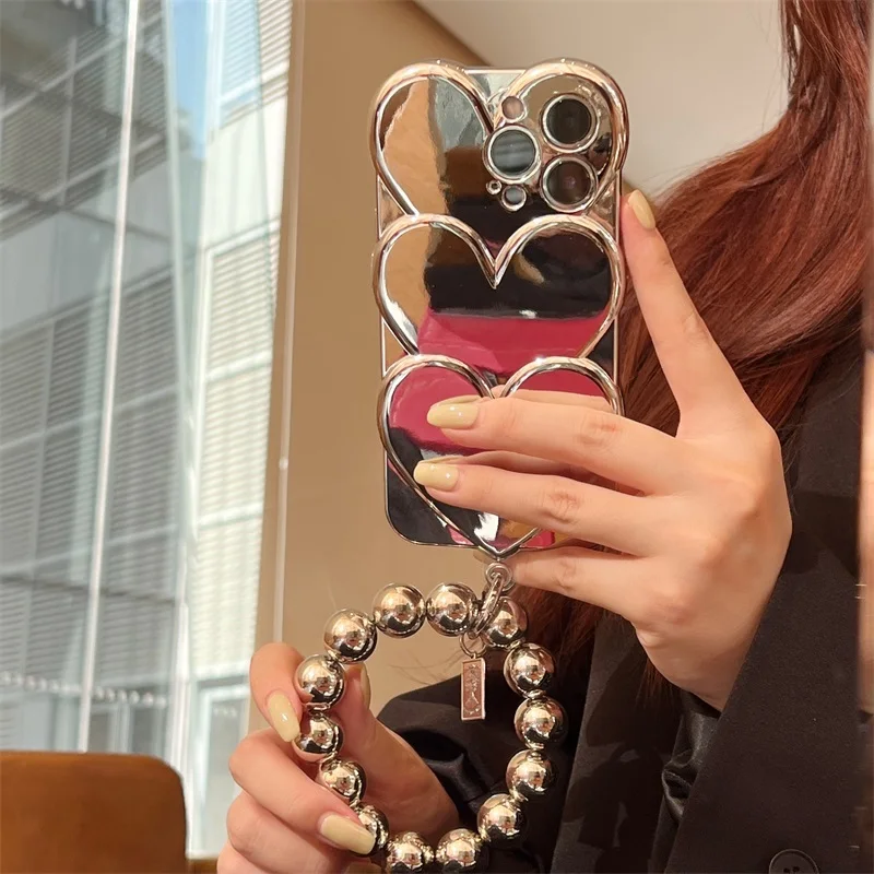 Kórea Pokovovanie 3D Veľká Láska Srdce Telefón puzdro Pre IPhone 13 Pro Max 11 12 Luxusné Zápästie Reťazca Korálky Náramok Shockproof Kryt 1
