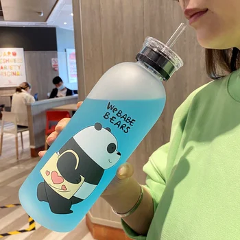 1000ml Roztomilý medvedík Panda Pohár Vody Fľaše S Slamy Transparentné Cartoon Fľaša na Vodu Drinkware Matné nepriepustných Bielkovín Shaker