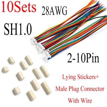 10Set SH1.0 Ihrisku 1.0 MM Leží Nálepky Samec Konektor Konektor S 100 MM/200 MM Drôt 2/3/4/5/6/7/8/9/10Pin 28AWG 0