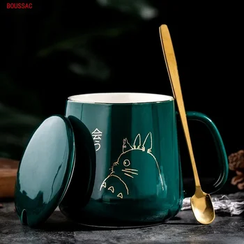 400 ml Nový Produkt v Európskom Štýle Svetlo Luxusnom Zlato-maľované Keramické Káva Hrnček s Vekom Lyžice Vody, Pohár Cartoon Totoro Hrnček