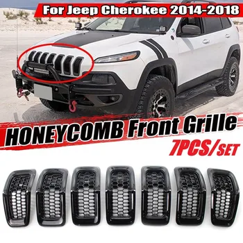 7PCS/Set Lesklý Čierny Auto Oka Honeycomb Prednej maske Vložky Čierne Mriežky, Krúžky, Výbava Pre Jeep Cherokee 2014-2018 Auto Príslušenstvo