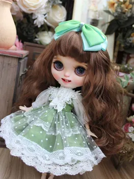 Blyth bábiku šaty zelenej farby, sladké šaty + sponky do vlasov pre Blyth bábiku malá šaty bábiky bábiky oblečenie príslušenstvo