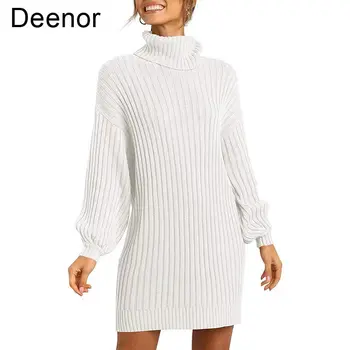 Deenor Pletené Svetre pre Ženy Turtleneck Mini Šaty Jeseň Sexy Pevné Dlhý Rukáv Bežné Elegantné Biele Šaty