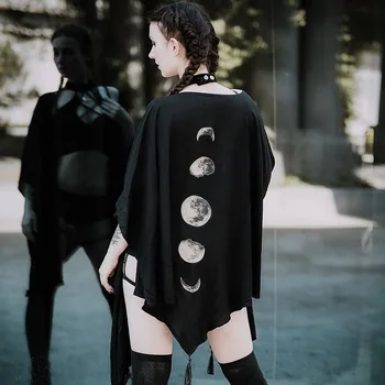 FICHOR Gotický Fázy Mesiaca Čierny Plášť pre Ženy Jeseň Zima Geometrické Y2k Grafické Goth Outwear Nadrozmerné Nepravidelný Pončá Dámy