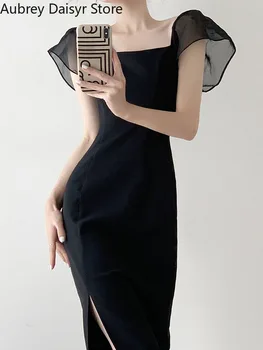 Francúzsky Ročník Hepburn Midi Čierne Šaty Žien Elegantná, Chic Rôznorodému Dizajnu Y2k Šaty, Sexy Bežné Split Luxusné Večerné Šaty Nové