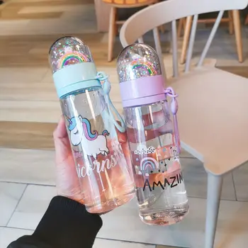 Fľaša na vodu roztomilý jednorožec tvorivé micro krajiny zaujímavý design plastový pohár vody dúha farieb dievča prenosné prenosné