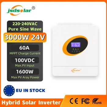 jsdsolar Hybrid Solárny Invertor 3KW 24V MPPT 60A Solárne Nabíjačky Batérií PV Vstup Max 100VDC Čistá Sínusová Vlna Off Grid Solárne Inversor