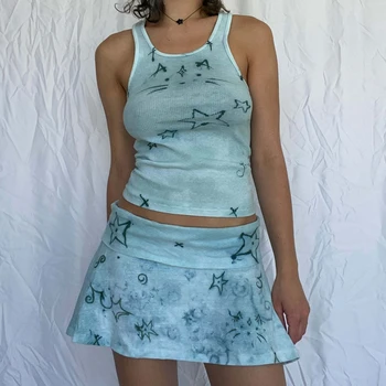 Kawaii Grafické Tlače Vintage Oblečenie Dve Kus Ženy Plodín Tank Top Vesta + A-line Mini Sukne Y2K Estetické Grunge Oblečenie
