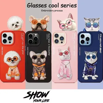 Pre iPhone 14 13 12 Pro Max v pohode výšivky pet 3D pes, mačka zvierat Shockproof Späť puzdro