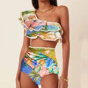 Rameno Plavky Rozstrapatené Colorblock Tlač Bikini Split-spoločné dvojdielne Plavky, Vysoký Pás Biquini plavky Plážové oblečenie