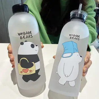 Roztomilý Medveď Plastové Matné Fliaš Vody 1000ML S Slamy Prenosné Veľkú Kapacitu Outdoorové Športy Vodné Pohár Pre Dieťa Dospelých