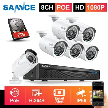 SANNCE 8CH 1080P FHD POE Network Video Bezpečnostný Systém S 6PCS 2MP CCTV Exteriérový Vodotesný IP Kamera Vstavaný Mikrofón