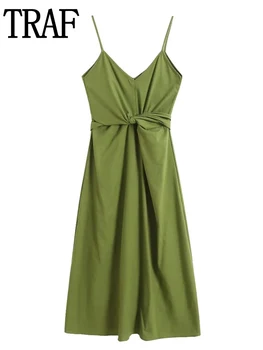 TRAF Zelená Maxi Šaty Pre Ženy Mimo Ramenný Sklzu Šaty Letné Backless Dlhé Šaty Žena Skladaný Viazané Elegantné Šaty