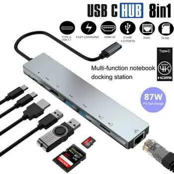 USB C Prenosný počítač Dokovacej Stanice 8 V 1 Typ-C Hub Adaptér USB 3.1 HDMI Sieťový Port, Čítačka Kariet J45/PD Rozšírenie Hub ROZBOČOVAČ