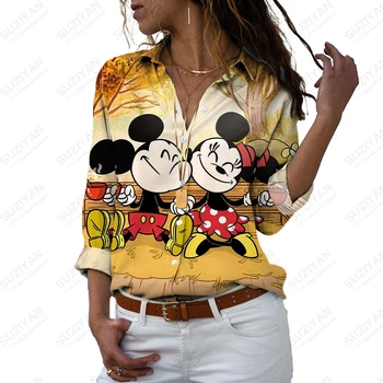 Jeseň Elegantný Dlhý Rukáv Voľné Dámske Topy Bežné Klope 2022 Disney Mickey Lásku Tlač Módy Nové Temperament Páry Tričko 3