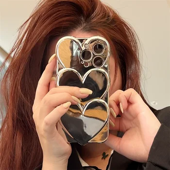 Kórea Pokovovanie 3D Veľká Láska Srdce Telefón puzdro Pre IPhone 13 Pro Max 11 12 Luxusné Zápästie Reťazca Korálky Náramok Shockproof Kryt 5