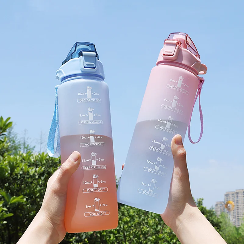 1 Liter Vody Fľašu s Slamy Dievčatá Motivačný Pitie Fľaša Športová Fľaša na Vodu S Časom Značku Prenosné Plastové Fľaše 0