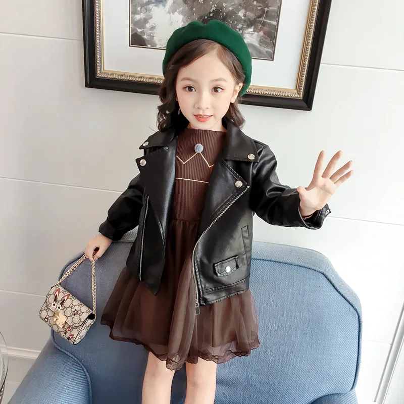 2022 Jar Módna Bunda na Jeseň Dievčatá Street Style Batoľa vmi Dieťa Čierne Kožené Sako Baby Girl Coats 0