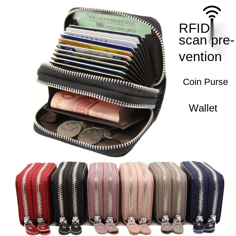 Prvá vrstva cowhide RFID anti-skenovanie kožené orgán karty prípade Zahraničného obchodu double zips unisex unisex mince kabelku