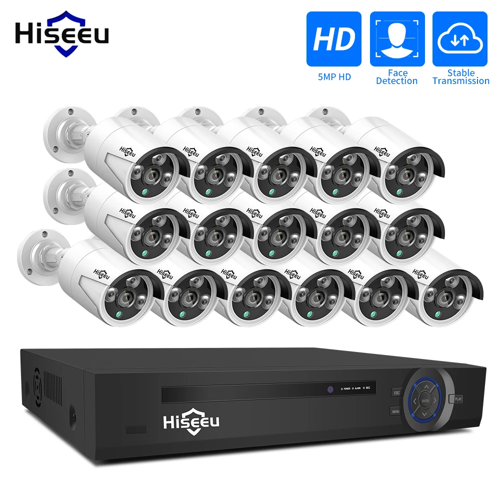 Hiseeu 16CH PoE NVR 5MP Vonkajšie IP Kamery Systém Kit Tvár Zistiť H. 265 Audio Video Dohľad Zabezpečenia