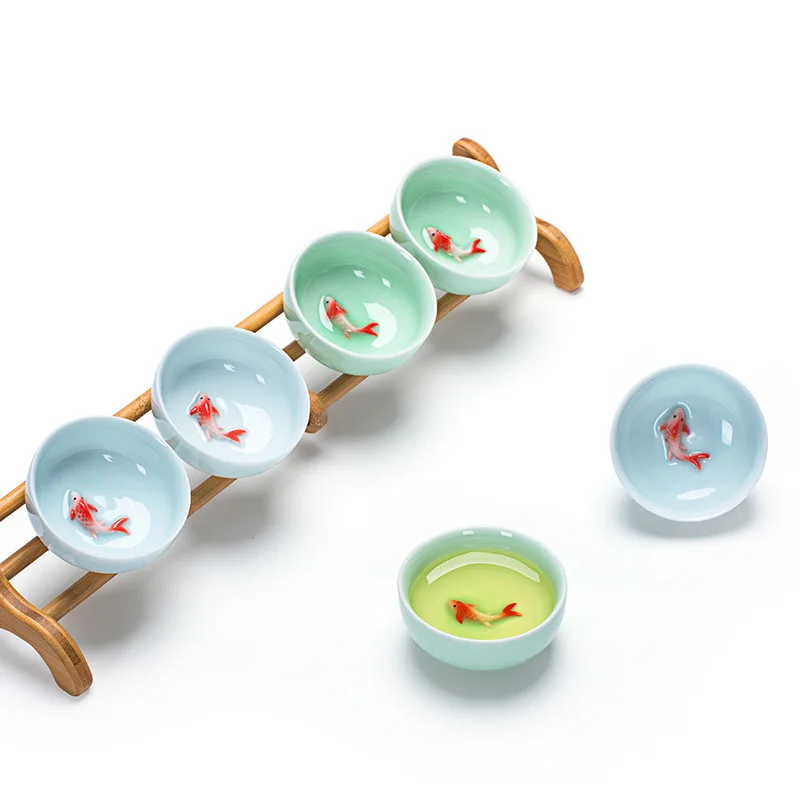 Čínsky Čaj Poháre Porcelánu Celadon Ryby Teacup Nastaviť Voľné Leaf Kanvica Drinkware Oolong Čaj Keramické Číne Kung Fu Čajové Súpravy 1