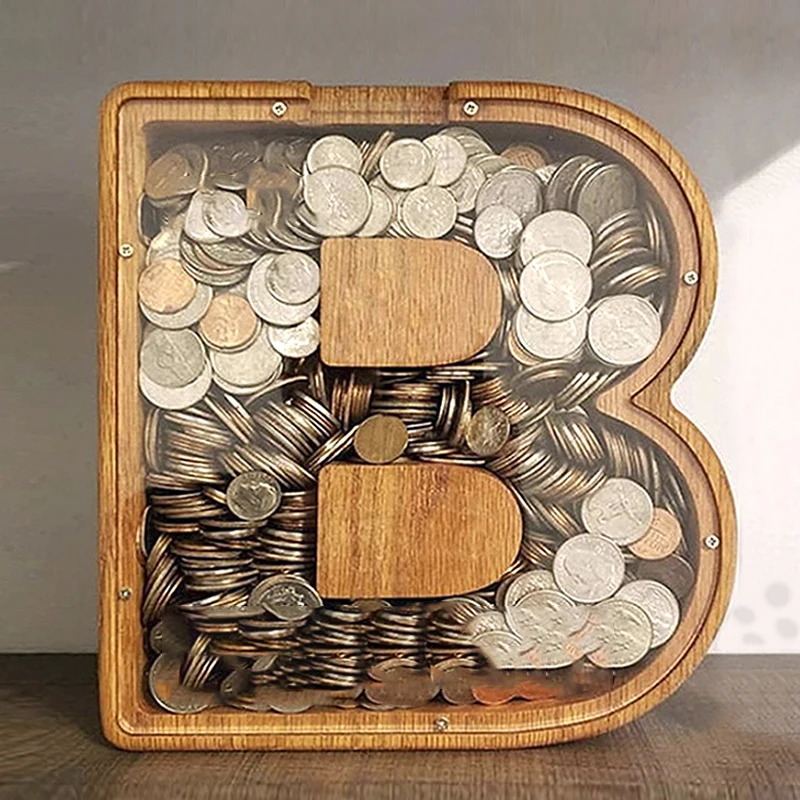 26 Písmen Prasiatko Drevené Mince Úsporu Peňazí Box Jar Mince Úložný Box Ploche Ornament Domáce Dekorácie Remesiel pre Deti