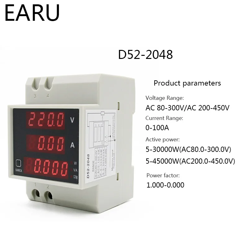 DIN-rail Multi-function Meter AC80-300V AC200-450V 100A Digitálny LED Napätie Aktívny Power Factor Energie Meter Voltmeter 3