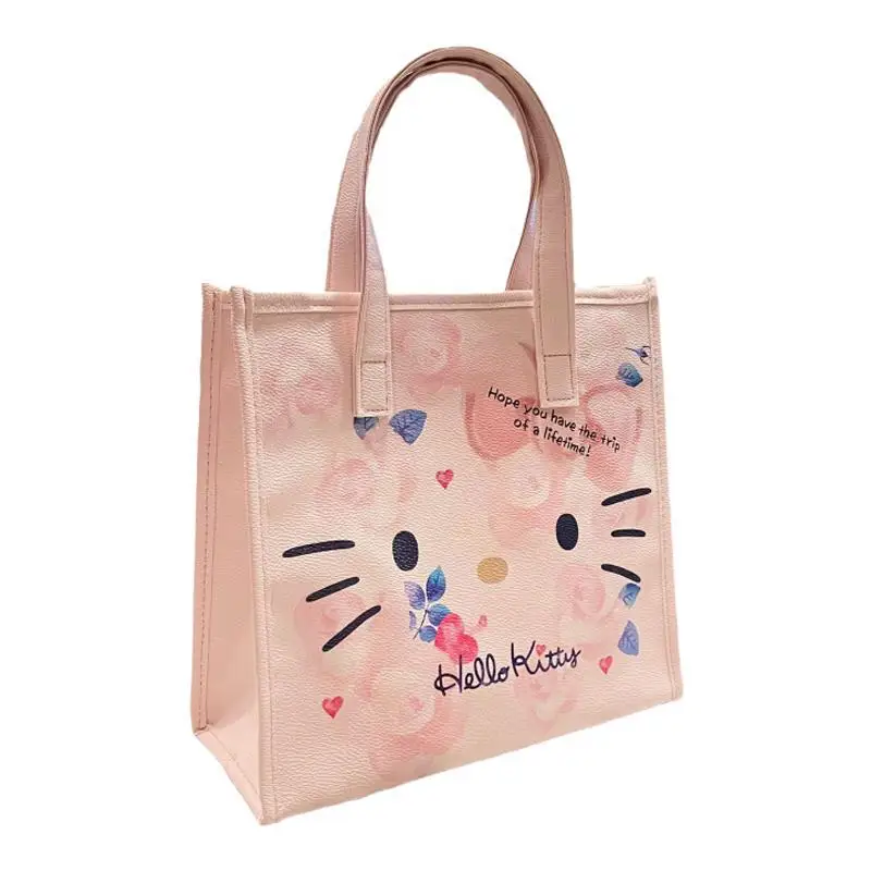 Hello Kitty PU Tote Bag Taška cez Rameno Ružové Dievča Srdce Kvet Cartoon Vzor Veľkú Kapacitu Kozmetické Skladovanie Top-Taška na Rukoväť