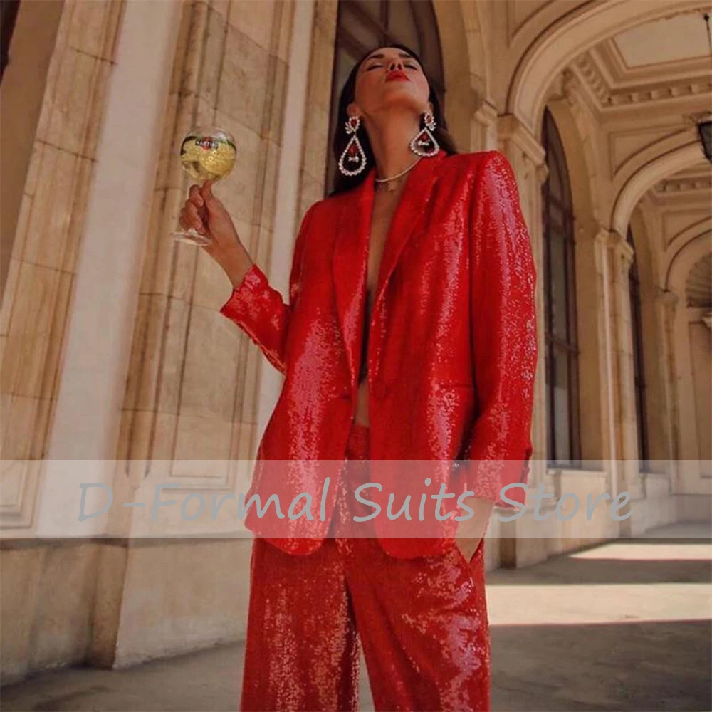 Elegantné Narodeninovej Párty Red Sequin Vyhovovali Kabát + Rovné Nohavice Dvoch-Dielny Set Temperament Módne Luxusné dámske Sako Vyhovuje