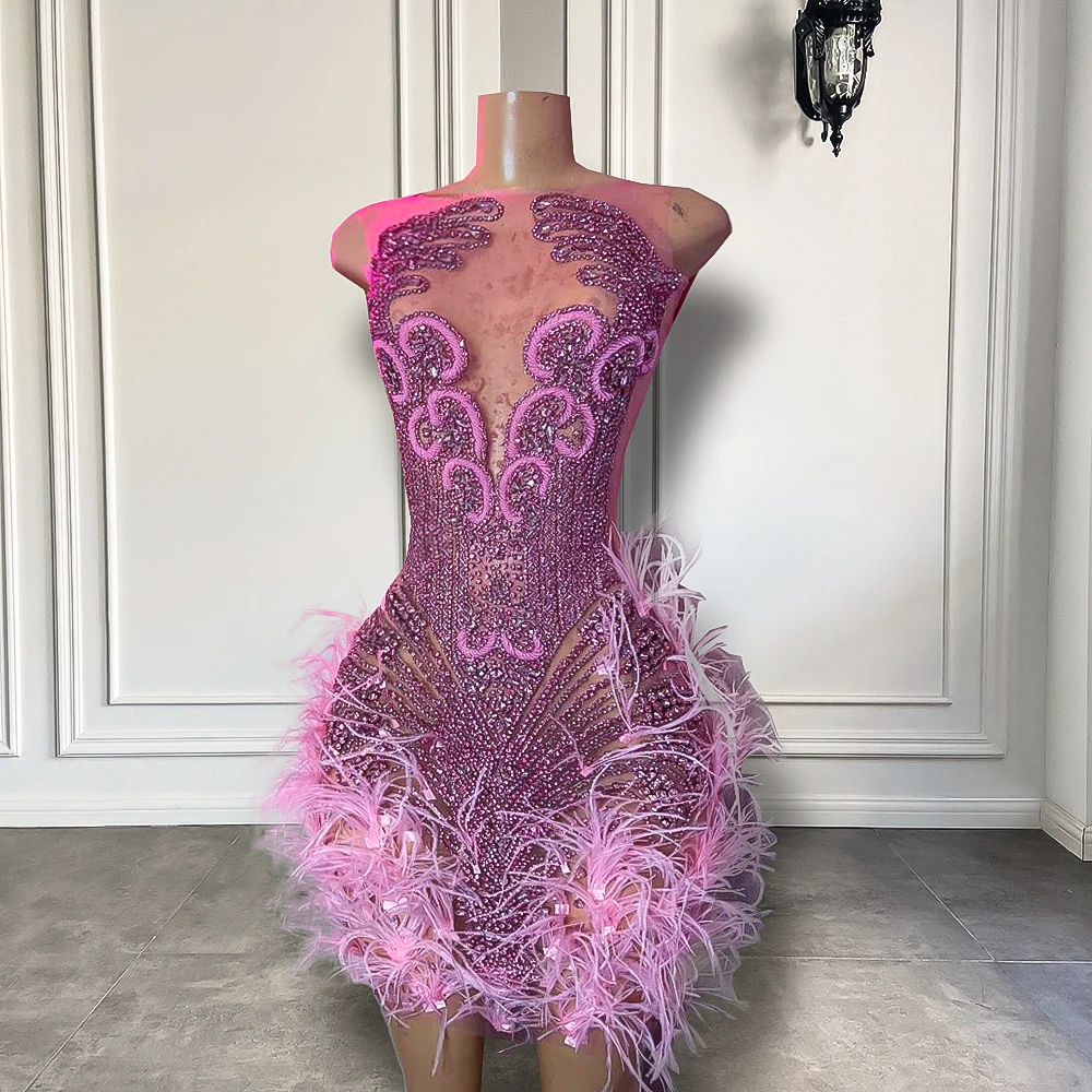 Ohromujúci Iskrivý Luxury Diamond Ženy Narodeninovej Party, Koktail Šaty Sexy Úplnej Ružová Pierko Mini Krátke Šaty Ples 2023 0