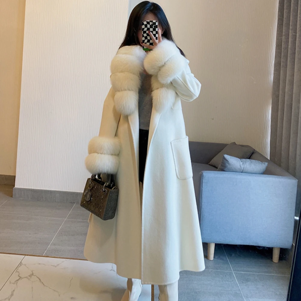 Ženy Zimné Reálne Kožušinový Kabát X-dlhé Vlnené Sako Cashmere Vlna Spája Luxusný Kabát Pás Prírodné Fox Kožušiny Golier, Putá Streetwear