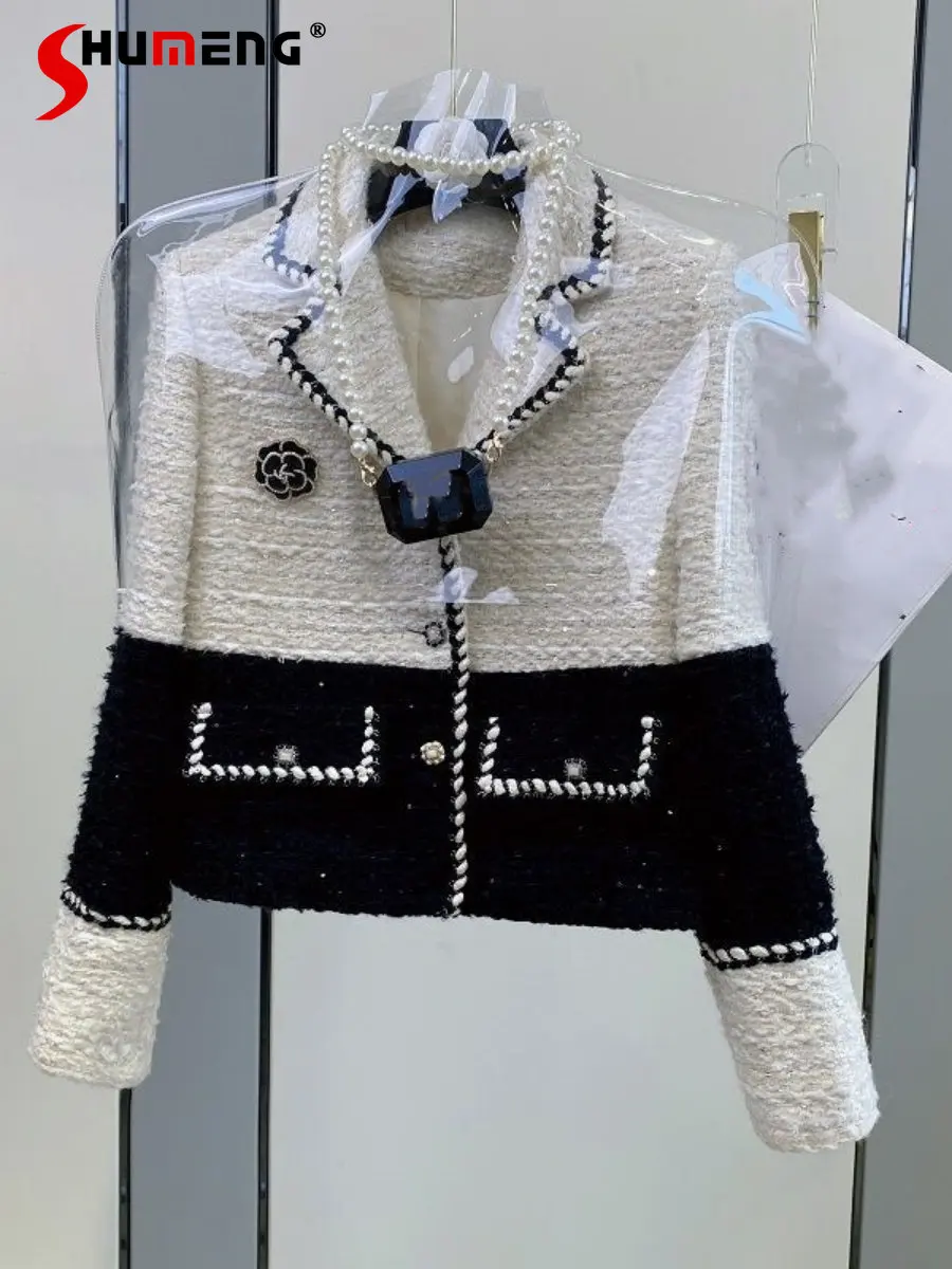 High-End Vlnené Kabát pre Ženy 2022 Nové Spadajú Zimné Oblečenie Socialite Temperament Krátke Color-Blocking Kvet Tweed Bundy Kabáty