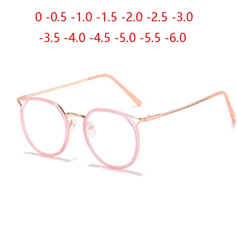 Pink Rose Gold Rám Krátkozrakosť Objektív Cat Eye predpísať Okuliare Ženy Muži Kovové krátkozraké Okuliare 0 -0.5 -1.0 -1.5 Na -6.0
