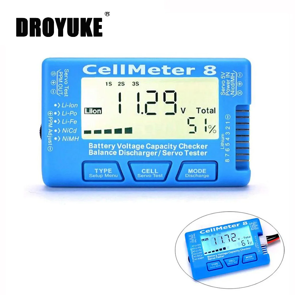 Droyuke LCD Digital Kapacita Batérie Checker CellMeter RC CellMeter7/CellMeter8 2-8S 4-8S Servo LiPo Li-lon NiMH Batérie Tester
