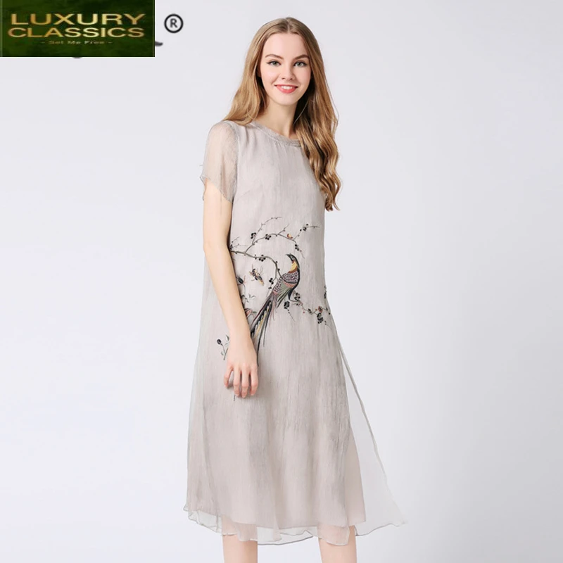 Šaty Vintage Ženy Letné Oblečenie 2021 Kórejský 100% Reálne Hodváb Tlač Polovice Šaty Elegantné Dámske Kvetinové Boho Vestidos 88010
