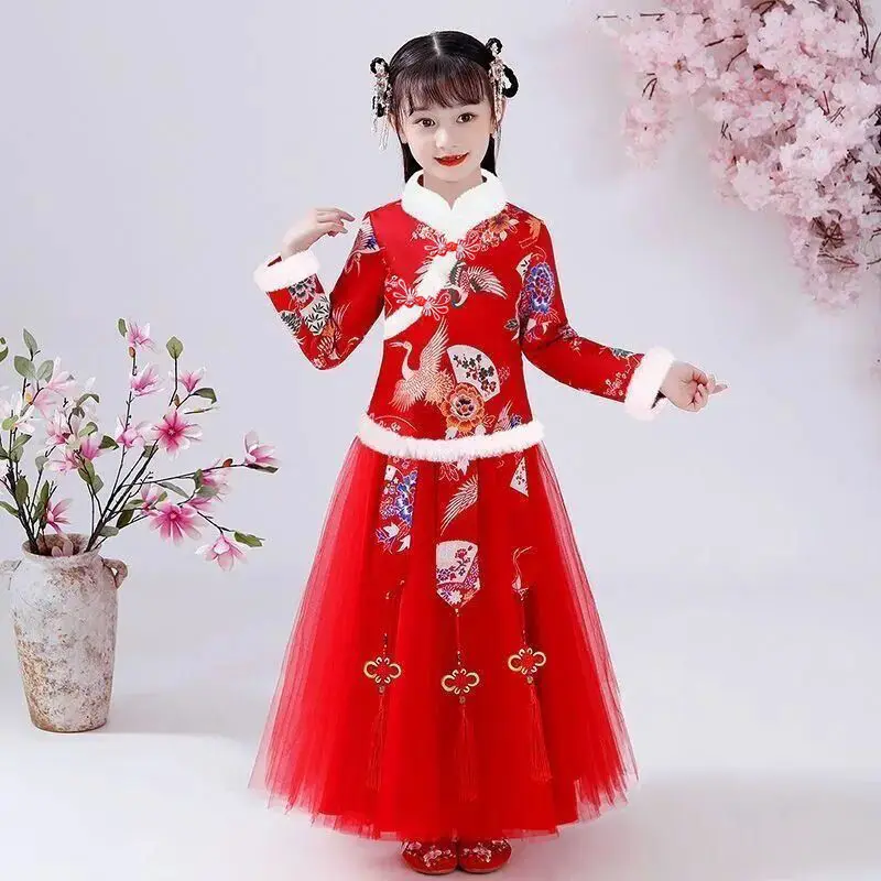 Detské Nový Rok oblečenie, dievčenské Tang šaty, velvet pribrala princezná šaty, Čínsky zimné šaty, cheongsam, ha