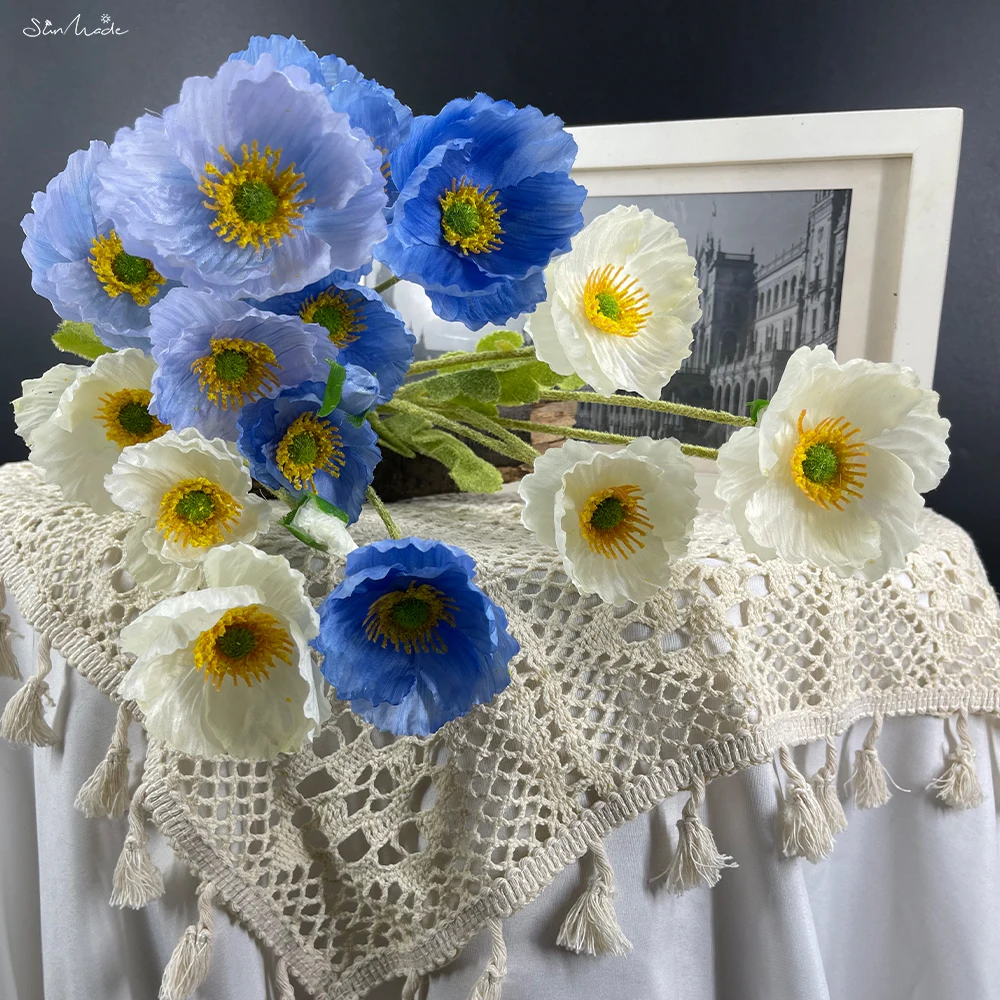 SunMade Pastoračnej Maku Kvet, Pobočka Hodváb Umelé Kvety, Obývacia Izba Dekorácie, Svadobná Výzdoba Modrá Flore Fleurs Artificielle