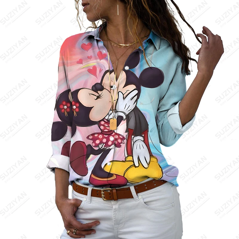 Jeseň Elegantný Dlhý Rukáv Voľné Dámske Topy Bežné Klope 2022 Disney Mickey Lásku Tlač Módy Nové Temperament Páry Tričko 0
