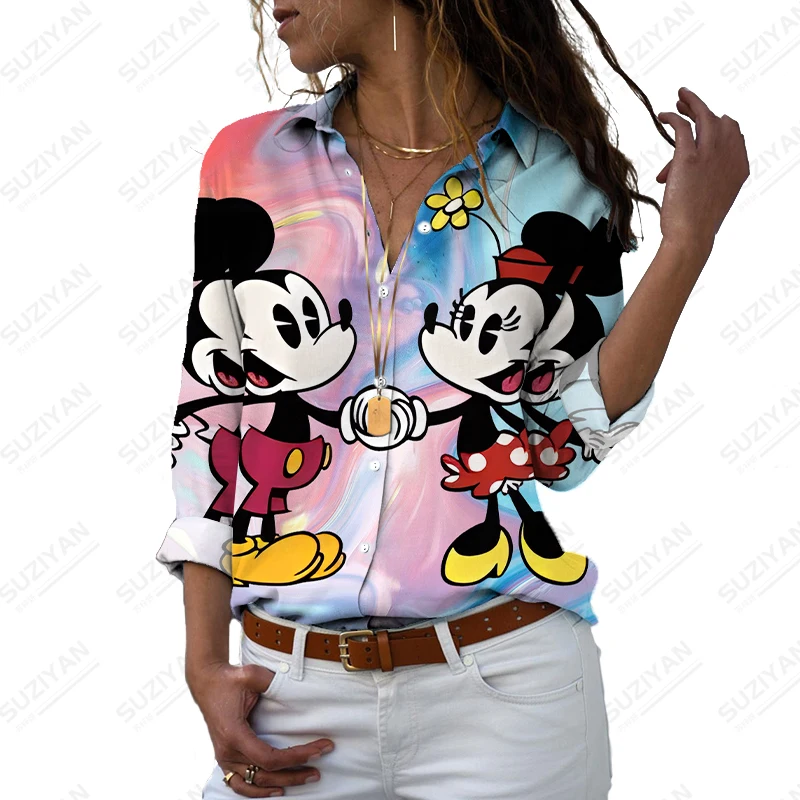 Jeseň Elegantný Dlhý Rukáv Voľné Dámske Topy Bežné Klope 2022 Disney Mickey Lásku Tlač Módy Nové Temperament Páry Tričko 1