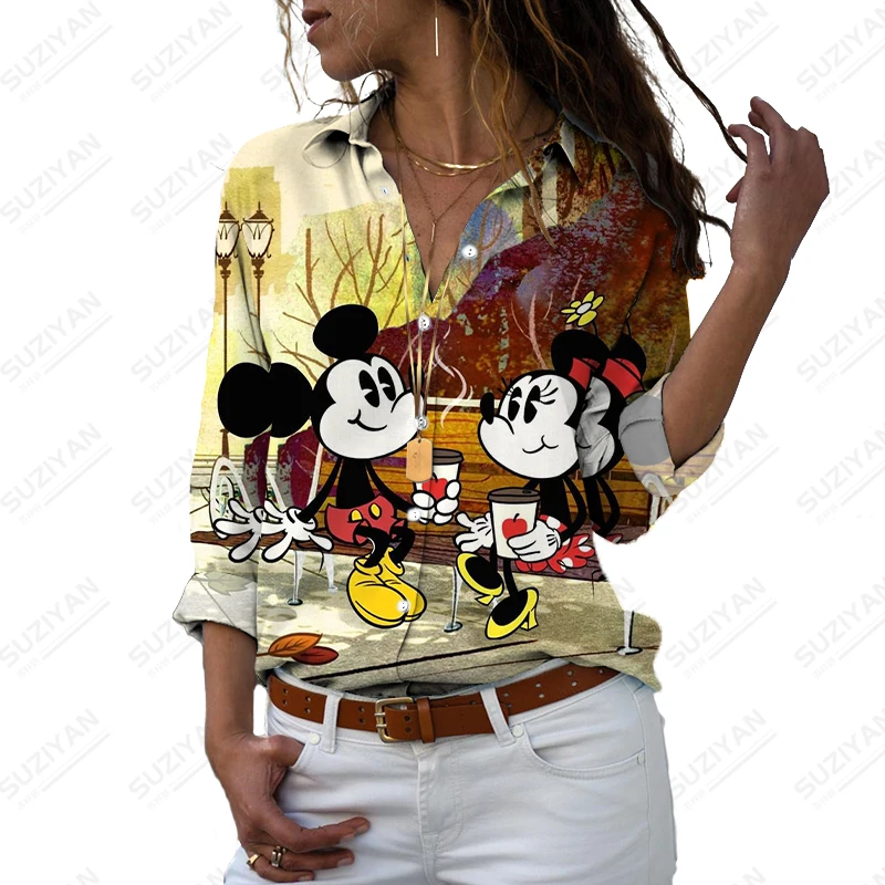 Jeseň Elegantný Dlhý Rukáv Voľné Dámske Topy Bežné Klope 2022 Disney Mickey Lásku Tlač Módy Nové Temperament Páry Tričko 4