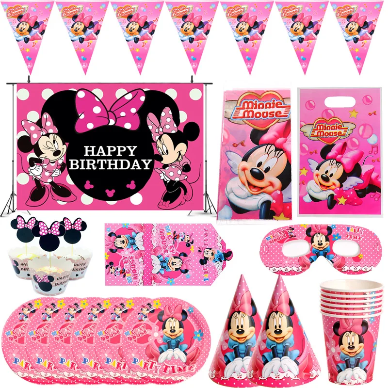 Disney Minnie Mouse Papier Doska Pohár Obrúsok Klobúk Happy Birthday Party Dodávky Dievčatá Myši Baby Sprcha Svadobné Domáce Dekorácie