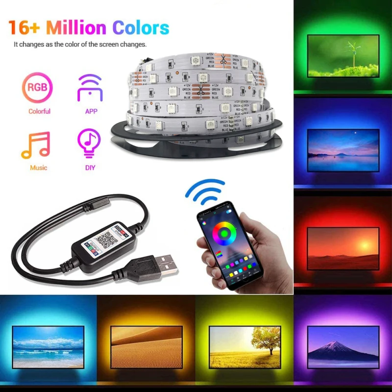 5M LED Pás Svetla, USB, Bluetooth, Ovládanie 5050 RGB Svetlo SMD DC5V Flexibilné LED Lampa Pásky Pásky TV Ploche Displeja Podsvietenie Diódami